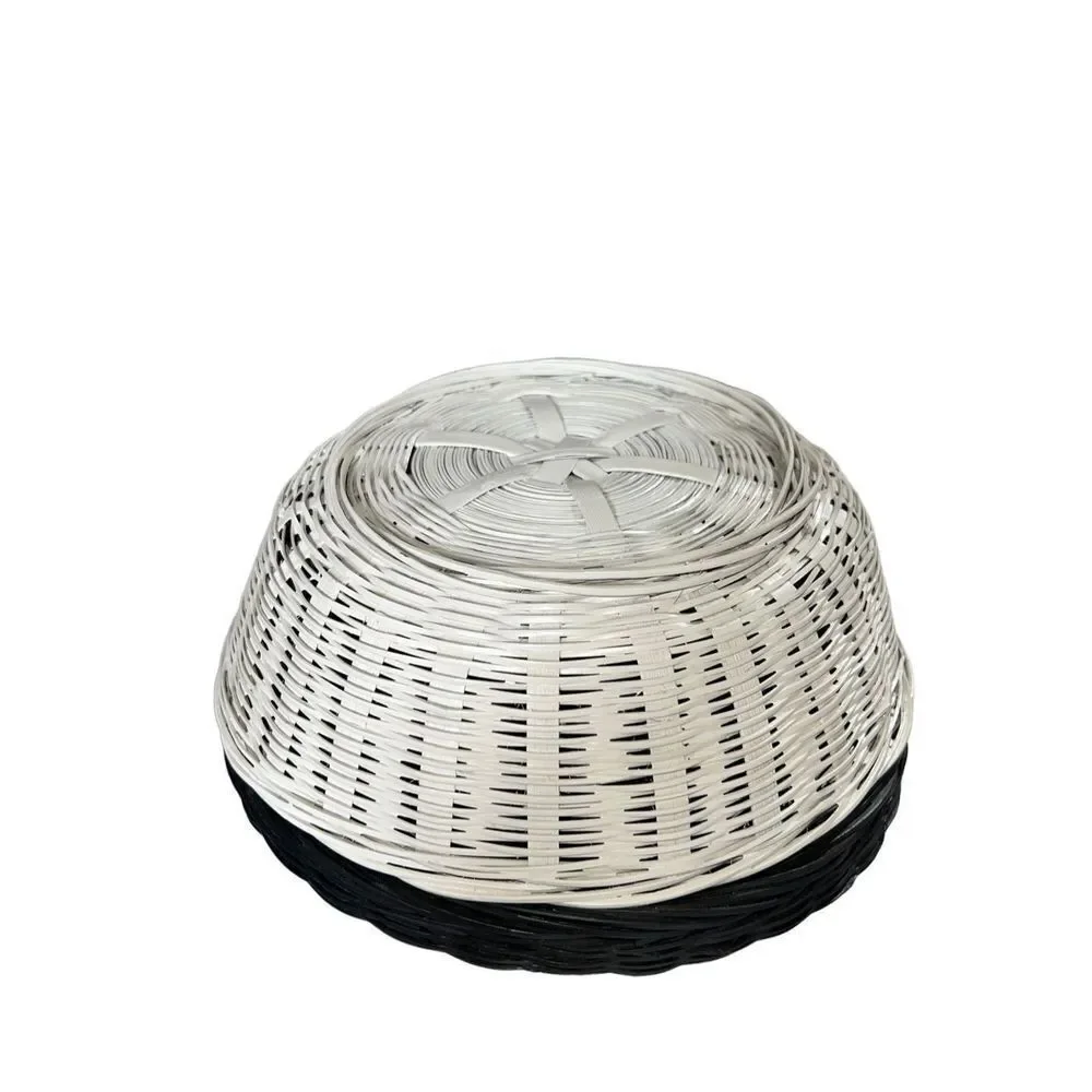 Vintage Black & White Wicker Basket with Lid Round Storage Sewing Box